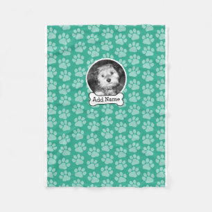 Pet Photo with Dog Bone and Paw Prints Green Fleece Blanket