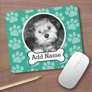 Pet Photo with Dog Bone and Paw Prints Green Mouse Pad