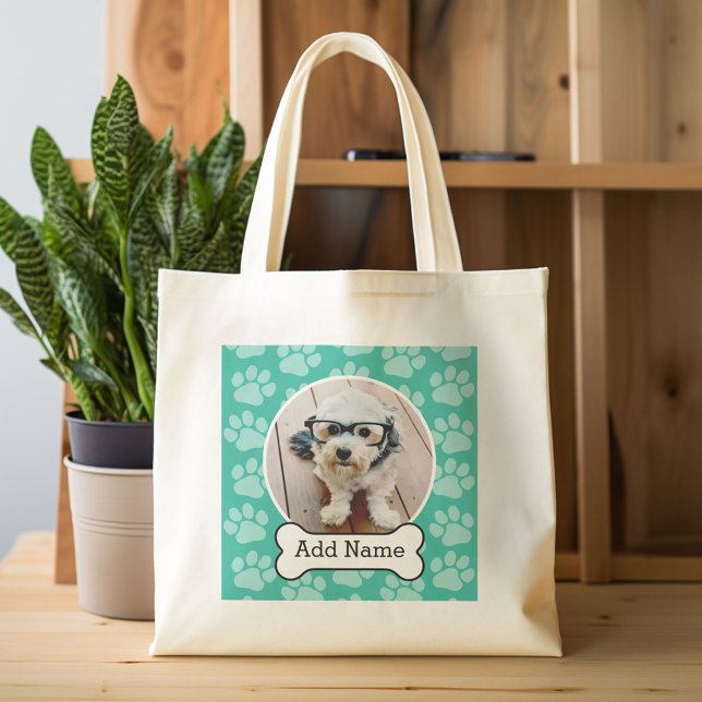 Pet Photo with Dog Bone and Paw Prints Green Tote Bag (Custom Canvas Tote Bag)