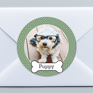 Pet Photo with Dog Bone - green polka dots Classic Round Sticker