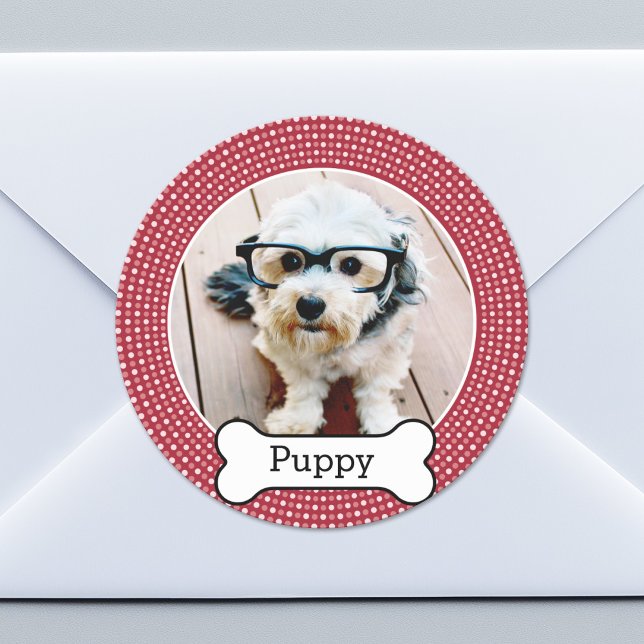 Pet Photo with Dog Bone - red polka dots Classic Round Sticker (Custom Sticker for Party Favors or Envelopes)