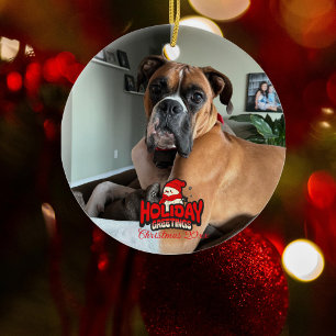 PET PHOTO With Red Holiday Greetings Ceramic Tree Decoration