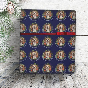Pet Photo Your Name Christmas Wreath Navy Wrapping Paper