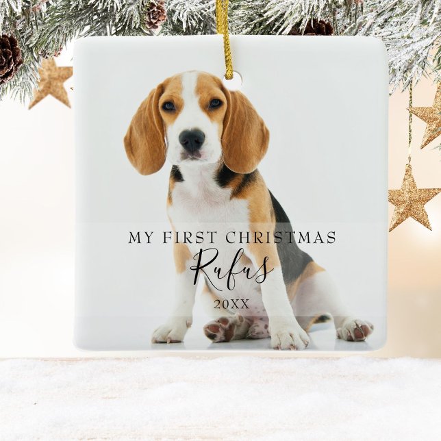  Pet Photos Modern Script First Christmas  Ceramic Ornament (Creator Uploaded)