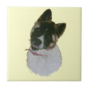 pet portrait painting of cute puppy akita dog tile