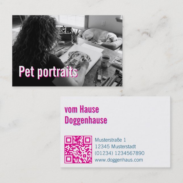 Pet Portraits Service QR Code pink blue Business Card (Front/Back)