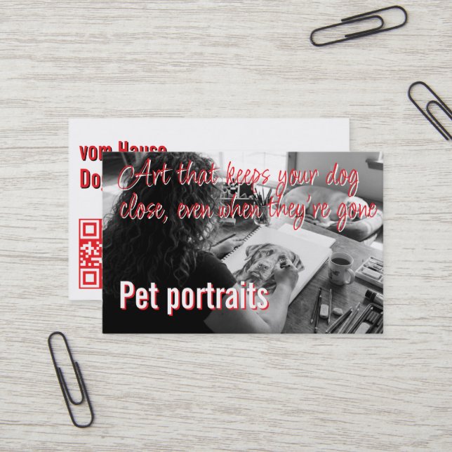 Pet Portraits Service QR Code pink quote Business Card (Front/Back In Situ)