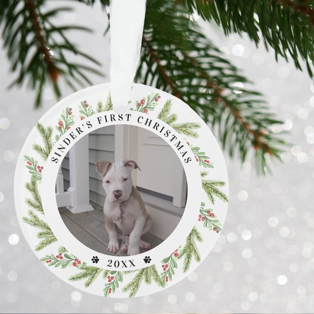 Pet Puppy Dog First Christmas 2 Photos Greenery Ornament (Pet Puppy Dog First Christmas 2 Photos Greenery Ornament)