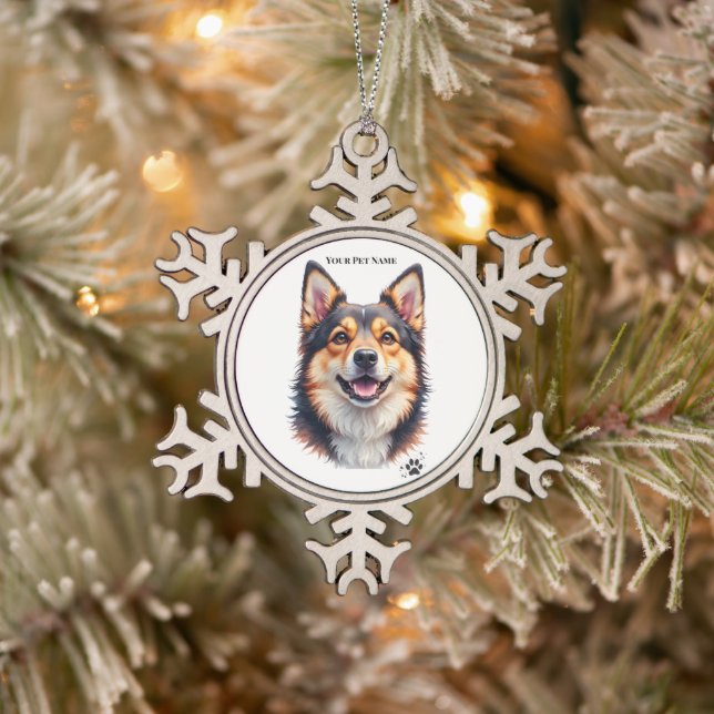Pet’s Simple Modern Name & Photo Custom Design Snowflake Pewter Christmas Ornament (Tree)