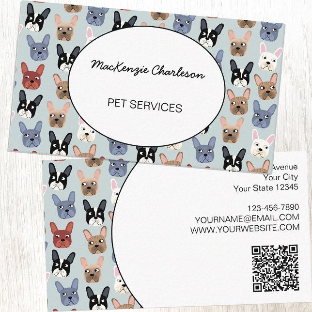 Pet Services French Bulldog QR Code Business Card (French Bulldog pet services QR Code business card for dog walker, pet sitter or veterinarian)