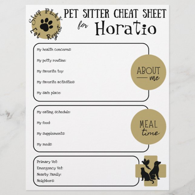 Pet Sitter Cheat Sheet Paper Sheet (Front)