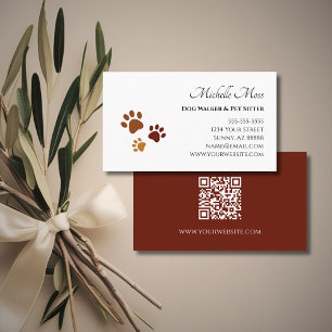 Pet Sitter Cute Brown Paw Prints QR code  Business Card