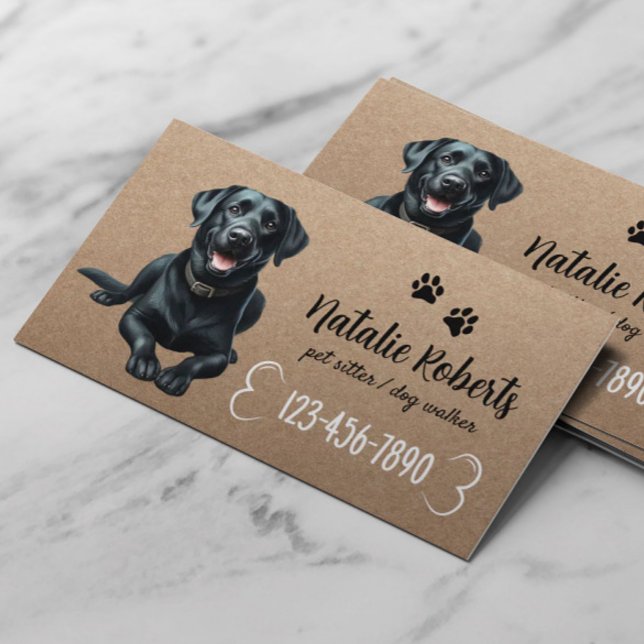 Pet Sitter Dog Walking Black Labrador Rustic Kraft Business Card (Creator Uploaded)