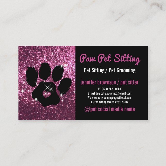 Pet Sitter Grooming Glitter rose Black Dog Cat Paw Business Card (Front)
