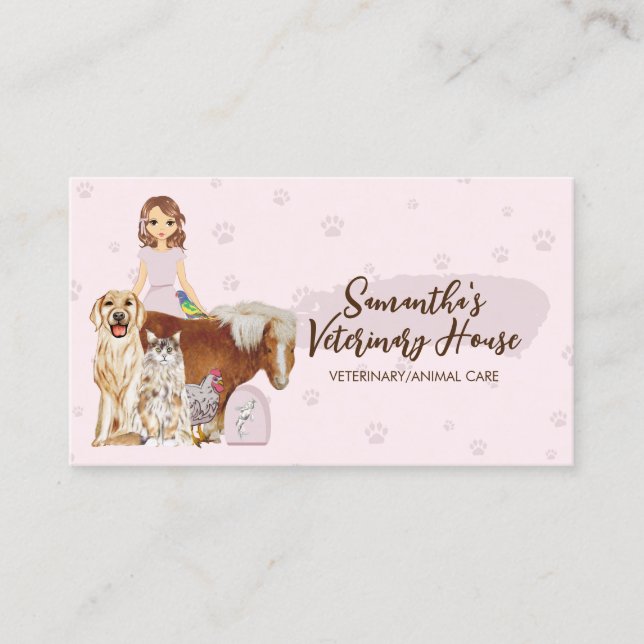 Pet Sitter veterinary dog cat horse bird Cartoon Business Card (Front)