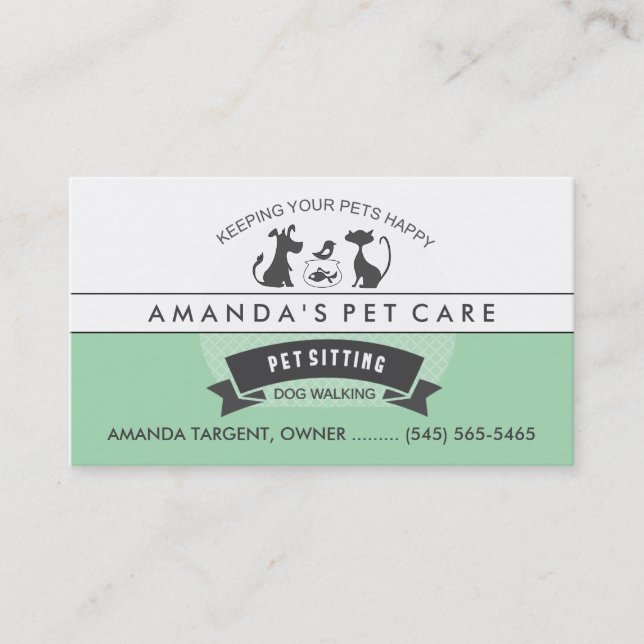 Pet Sitting & Care Green & White Retro Design Business Card (Front)
