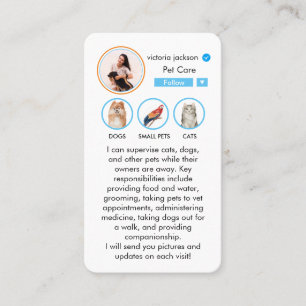 Pet Sitting Care Instagram Inspired Photo Business Card