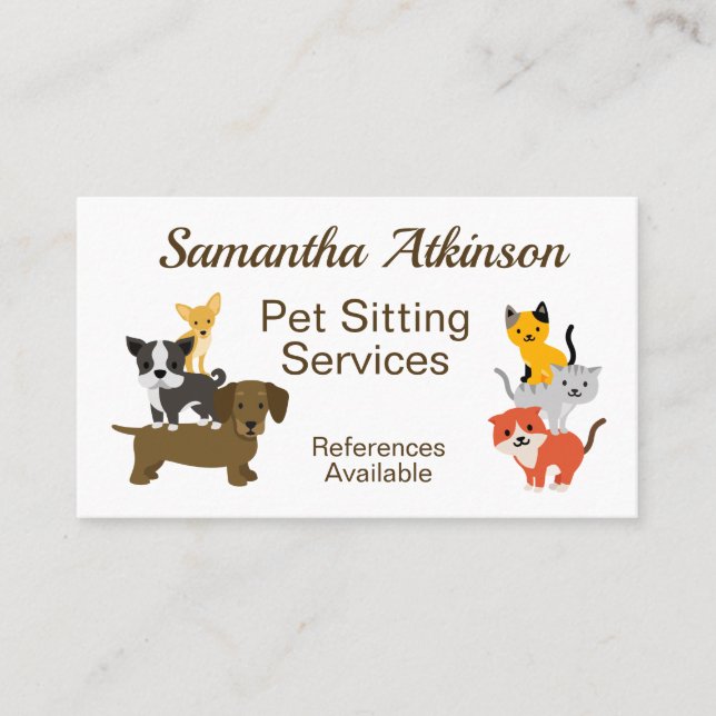 Pet Sitting Cute Cat Dog Illustration Business Card (Front)