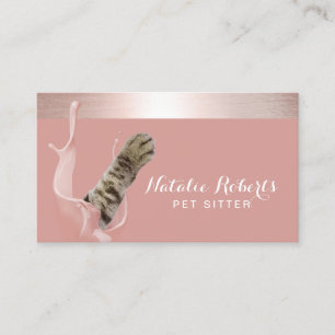 Pet Sitting Cute Cat Paw Rose Gold Stripe Business Card
