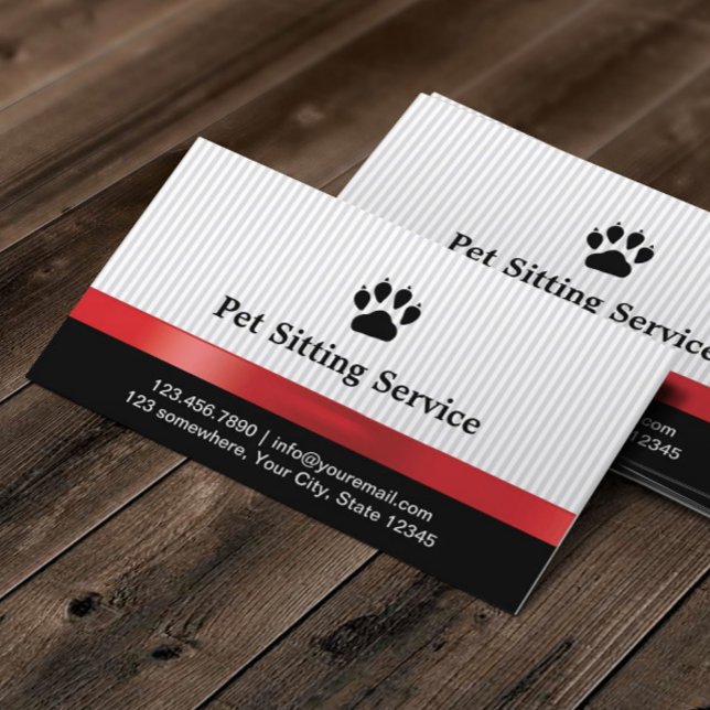 Pet Sitting Cute Paw Print Red Ribbon Business Card (Creator Uploaded)