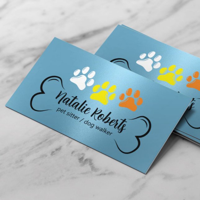Pet Sitting Dog Walker Cute Colour Paws Modern Blu Business Card (Creator Uploaded)