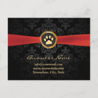 Pet Sitting Gold Paw & Red Ribbon Elegant Damask