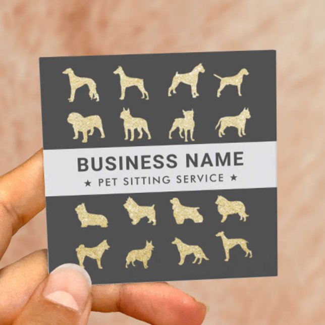 Pet Sitting Modern Gold Dog Silhouette Dark Gary Square Business Card (Creator Uploaded)