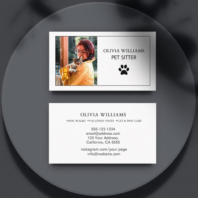 Pet Sitting Photo Minimalist Paw Print  Business Card (Creator Uploaded)