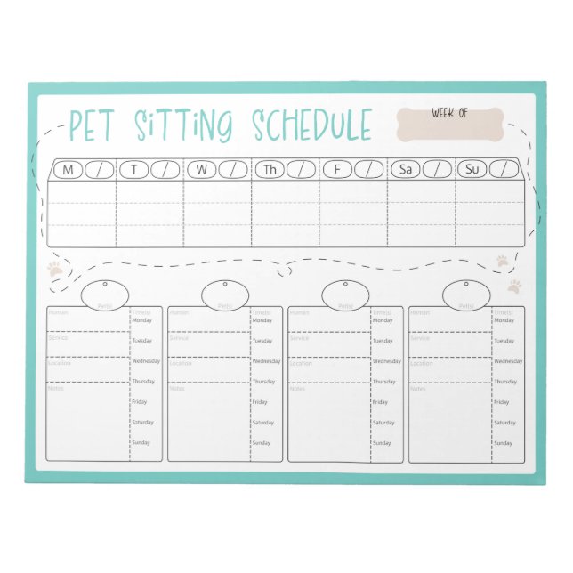 Pet Sitting Schedule Notepad (Front)