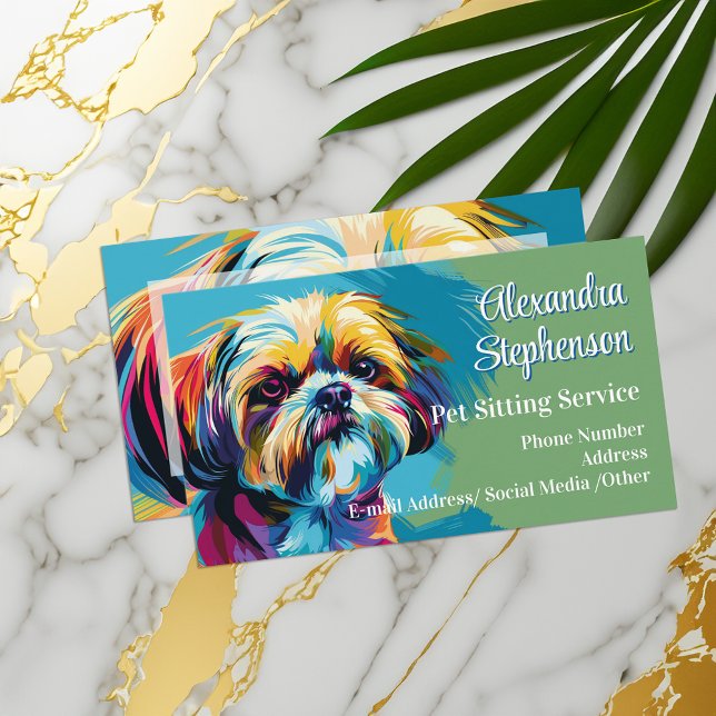 Pet Sitting Service Dog Walking Pop Art Shih Tzu Business Card (colorful pop art pet sitting business cards)