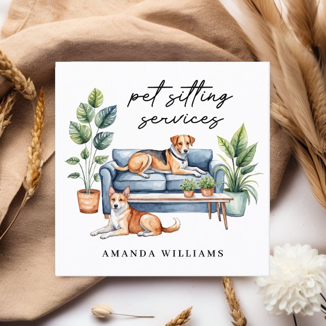 Pet Sitting Services Watercolor  Square Business Card (Creator Uploaded)