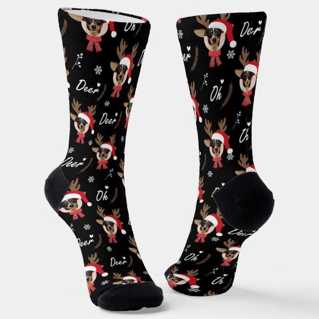Pet Star | Custom Face Photo Reindeer Christmas Socks (Angled)