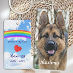 Pet Sympathy Pet Loss Dog Rainbow Bridge Memorial Key Ring<br><div class="desc">Celebrate your best friend with a personalised Pet Photo Keychain . Perfect for a Dog , Cat or any Pet , as a memorial or keepsake . Pets name is beautifully showcased in a watercolor heart . . . Back is beautiful artwork of sky , clouds and rainbow to memorialise...</div>