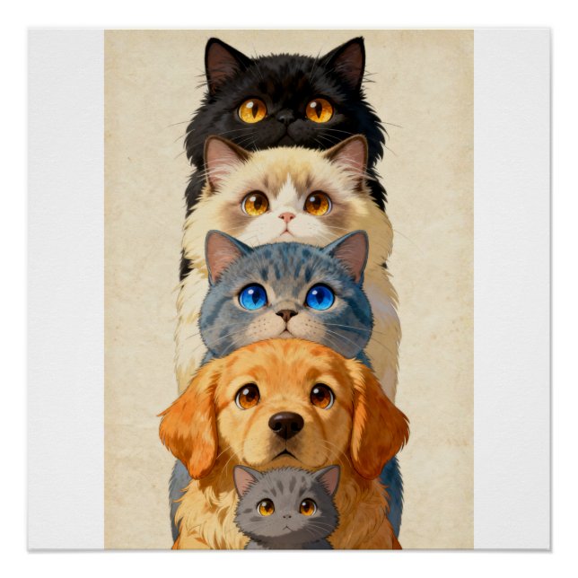 Pet Totem Stack Whimsical Cats and Golden Retrievr Poster (Front)