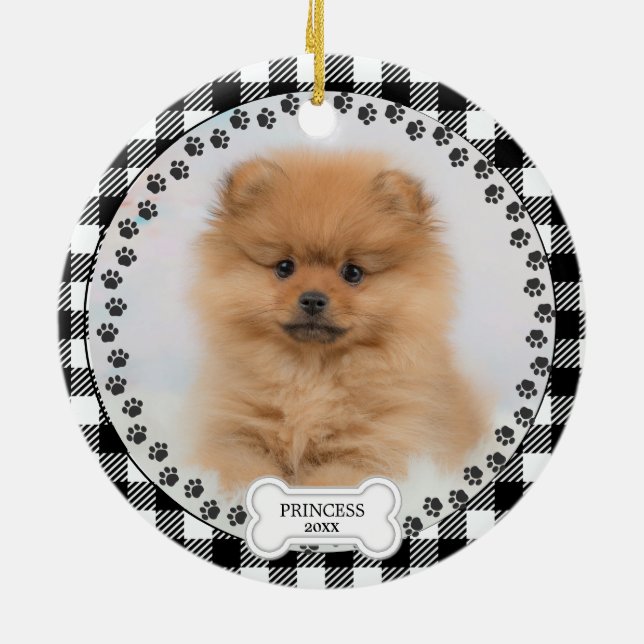   Pet Two Photo Christmas Black Plaid Personalised Ceramic Tree Decoration (Back)