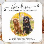 Pet Wedding Modern Elegant Script Photo Thank You Square Paper Coaster<br><div class="desc">Thank You for celebrating my humans! Add the finishing touch to your wedding with these cute custom photo wedding coasters . Perfect for your wedding after party and reception, and as wedding favours for your guests. Customise these photo dog wedding coasters with your favourite wedding photo, dog of honours photo,...</div>