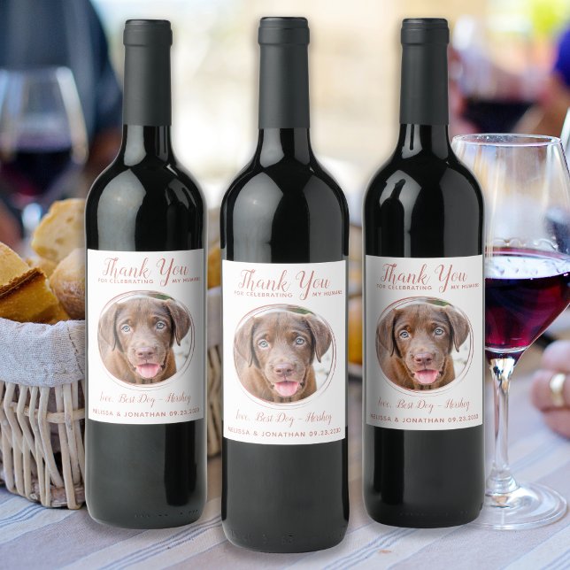 Pet Wedding Modern Rose Gold Dog Photo Thank You Wine Label (Creator Uploaded)