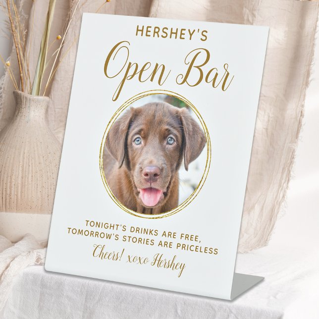 Pet Wedding Open Bar Dog Photo Elegant Gold Drinks Pedestal Sign (Creator Uploaded)