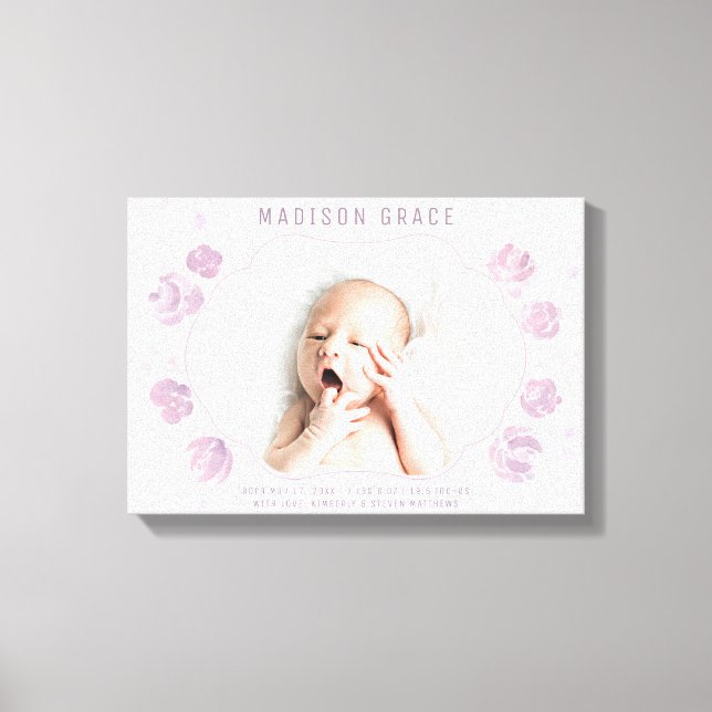 Petal Baby Girl Birth Announcement Custom Photo Canvas Print (Front)