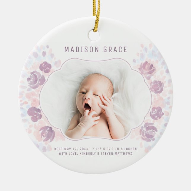 Petal Baby Girl Birth Announcement Custom Photo Ceramic Tree Decoration (Front)