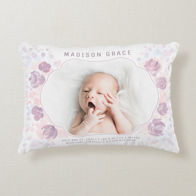 Petal Baby Girl Birth Announcement Custom Photo Decorative Cushion (Front)