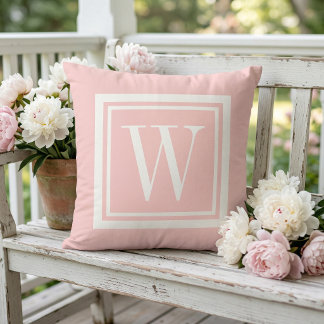 Petal Pink and White Classic Square Monogram Cushion