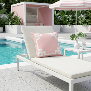 Petal Pink and White Greek Key Border Cushion