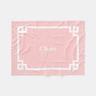 Petal Pink and White Greek Key Monogram Fleece Blanket