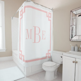 Petal Pink and White Greek Key   Monogrammed Shower Curtain