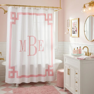 Petal Pink and White Greek Key Monogrammed Shower Curtain