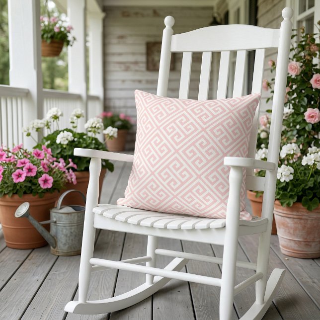 Petal Pink and White Greek Key Pattern Cushion (Creator Uploaded)