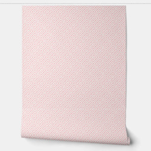 Petal Pink and White Greek Key Pattern Wallpaper