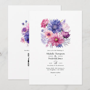 Petal Pink, Cornflower Blue & Mauve Floral Wedding Invitation