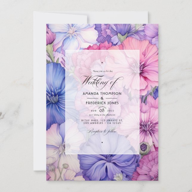Petal Pink, Cornflower Blue & Mauve Floral Wedding Invitation (Front)